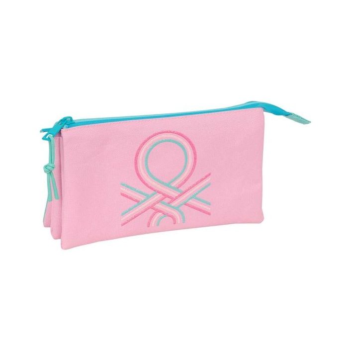 Safta Benetton Dolce Portatodo - 3 Compartimentos con Cremalleras - Bolsillo Interior - 0.6L - 220x30x120mm - Color Rosa Pastel
