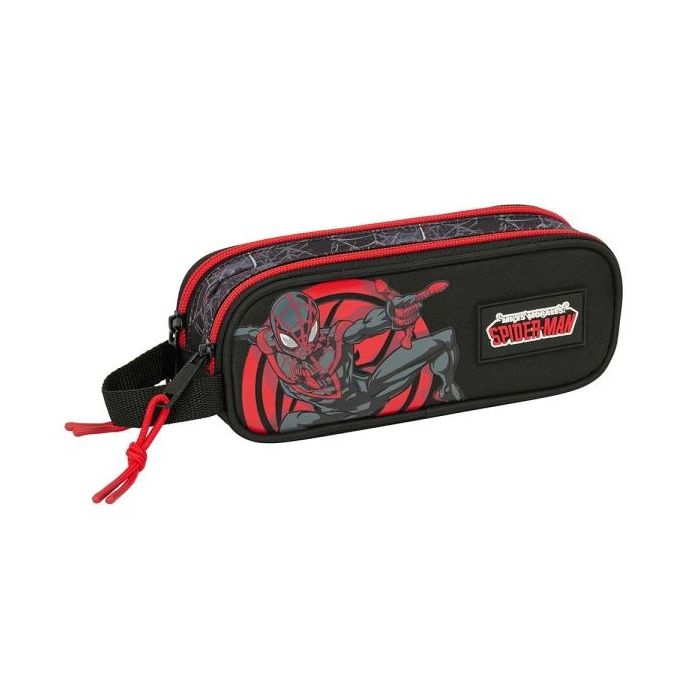 Safta Miles Morales Portatodo - 2 Compartimentos con Cremalleras - Asa Lateral - 1L - 210x60x80mm - Color Negro y Rojo