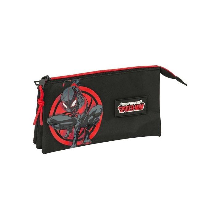 Safta Miles Morales Portatodo - 3 Compartimentos con Cremalleras - Bolsillo Interior - 0.6L - 220x30x120mm - Color Negro y Rojo