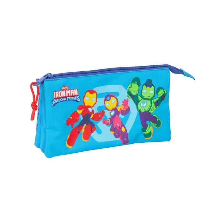 Safta Iron Man Portatodo - 3 Compartimentos con Cremalleras - Bolsillo Interior - 0.60L - 220x30x120mm - Color Azul