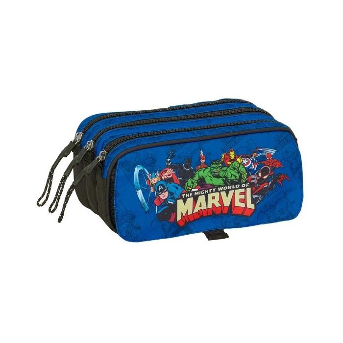 Safta Avengers Portatodo - 3 Compartimentos con Cremalleras - Bolsillo Frontal - Cinta Adaptable - 1.72L - 215x80x100mm - Color Azul Oscuro