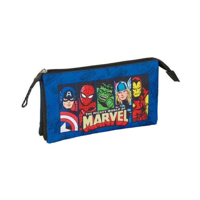 Safta Avengers Portatodo - 3 Compartimentos con Cremalleras - Bolsillo Interior - 0.60L - 220x30x120mm - Color Azul Oscuro