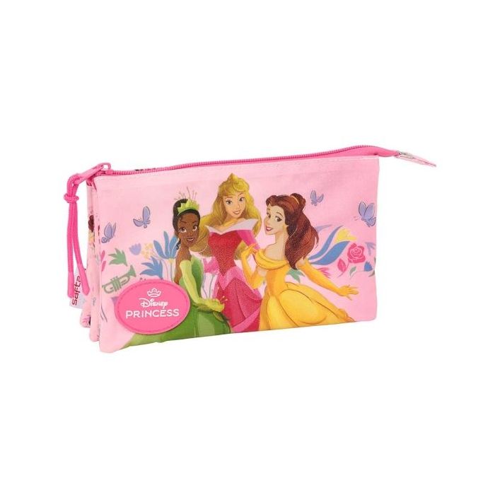 Safta Princesas Disney Portatodo - 3 Compartimentos con Cremalleras - Bolsillo Interior - 0.60L - 220x30x120mm - Color Rosa