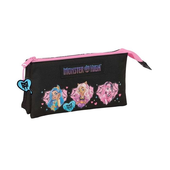 Safta Monster High Portatodo - 3 Compartimentos con Cremalleras - Bolsillo Interior - 0.60L - 220x30x120mm - Color Negro
