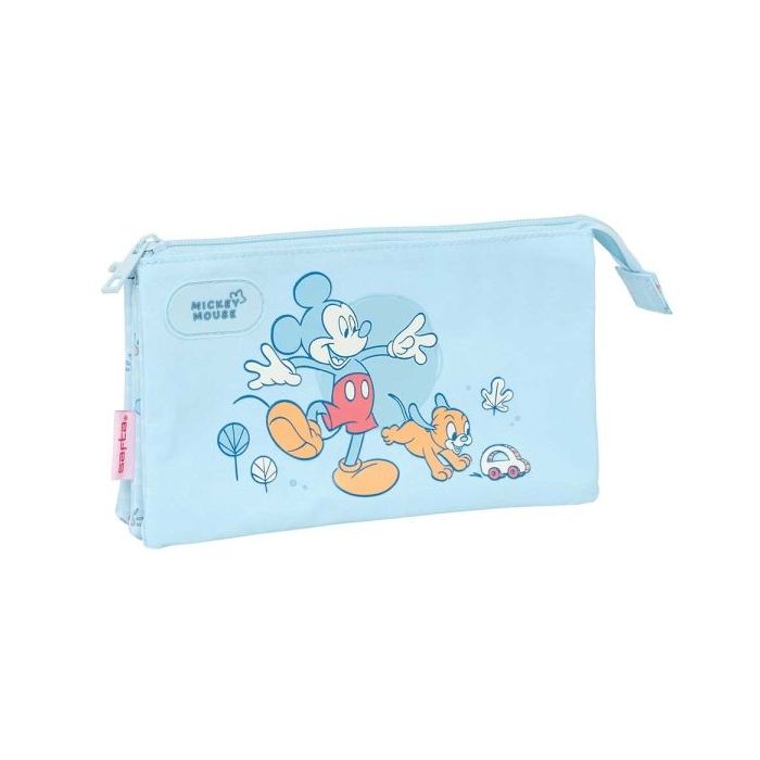 Safta Mickey Mouse Baby Portatodo - 3 Compartimentos con Cremalleras - Bolsillo Interior - 0.6L - 220x30x120mm - Color Azul Claro