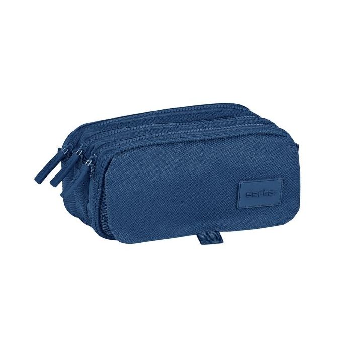 Safta Basic Portatodo - 3 Compartimentos con Cremalleras - Bolsillo Frontal - Cinta Adaptable - 1.72L - 215x80x100mm - Color Azul Marino