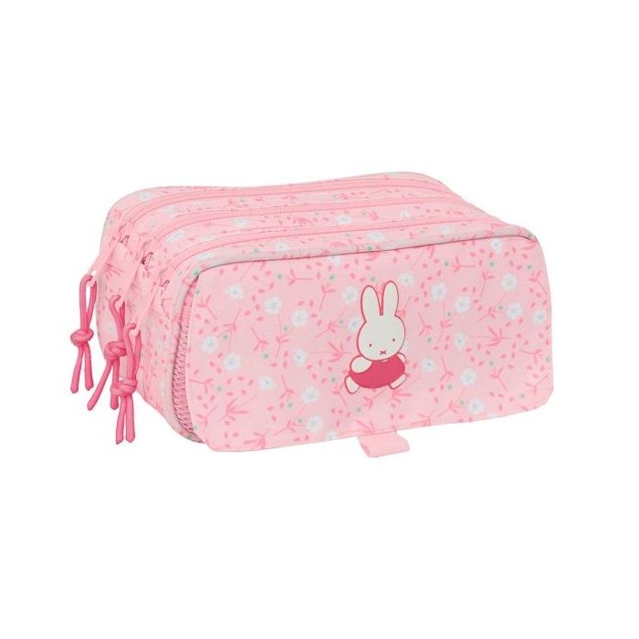 Safta Miffy Flores Portatodo - 3 Compartimentos con Cremalleras - Bolsillo Frontal - Cinta Adaptable - 1.72L - 215x80x100mm - Color Rosa