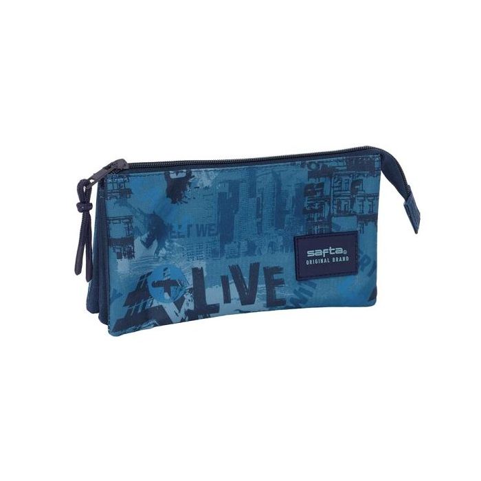 Safta New Edition Portatodo - 3 Compartimentos con Cremalleras - Bolsillo Interior - 0.6L - 220x30x120mm - Color Azul