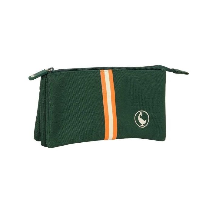Safta el Ganso Basics Green Portatodo - 3 Compartimentos con Cremalleras - Bolsillo Interior - 0.6L - 220x30x120mm - Color Verde Oscuro