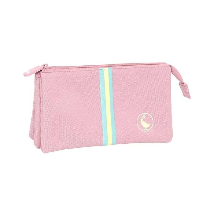 Safta el Ganso Basics Pink Portatodo - 3 Compartimentos con Cremalleras - Bolsillo Interior - 0.6L - 220x30x120mm - Color Rosa