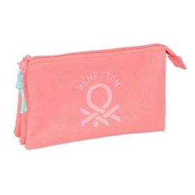 Safta Benetton Basics Portatodo - 3 Compartimentos con Cremalleras - Bolsillo Interior - 0.6L - 220x30x120mm - Color Coral