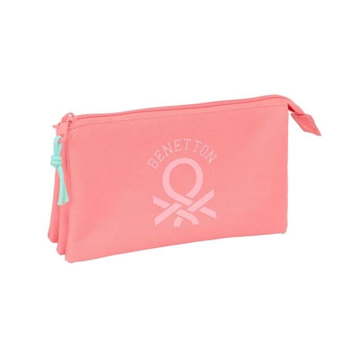Safta Benetton Basics Portatodo - 3 Compartimentos con Cremalleras - Bolsillo Interior - 0.6L - 220x30x120mm - Color Coral