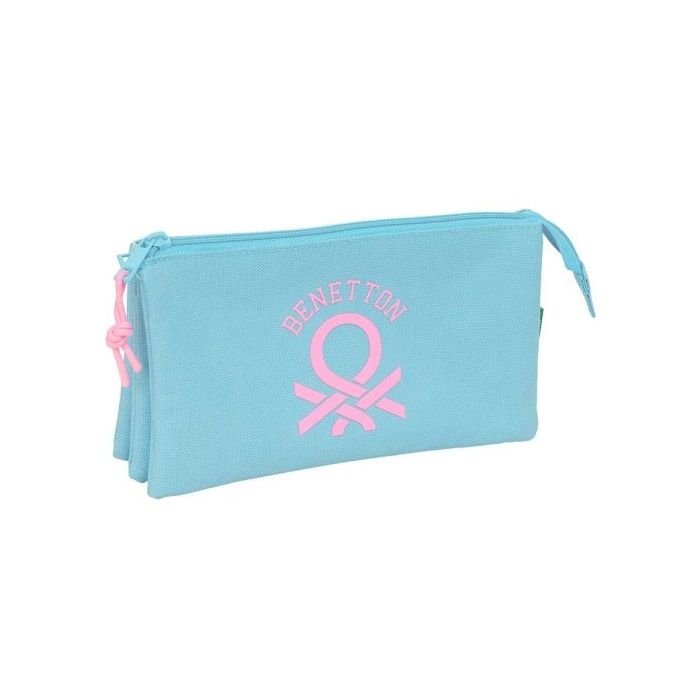 Safta Benetton Basics Celeste Portatodo - 3 Compartimentos con Cremalleras - Bolsillo Interior - 0.6L - 220x30x120mm - Color Azul Claro