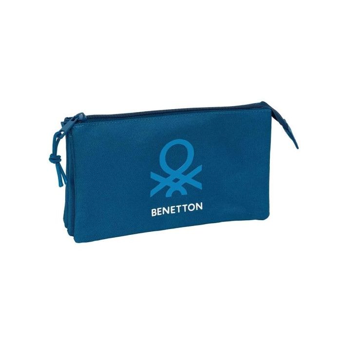 Safta Benetton Basics Marino Portatodo - 3 Compartimentos con Cremalleras - Bolsillo Interior - 0.6L - 220x30x120mm - Color Azul Oscuro