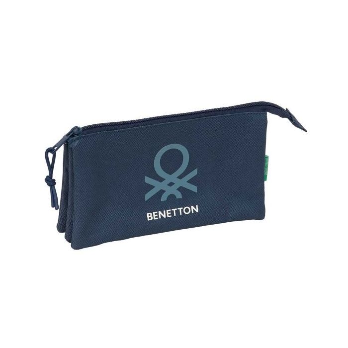 Safta Benetton Basics Antracita Portatodo - 3 Compartimentos con Cremalleras - Bolsillo Interior - 0.6L - 220x30x120mm - Color Azul Marino