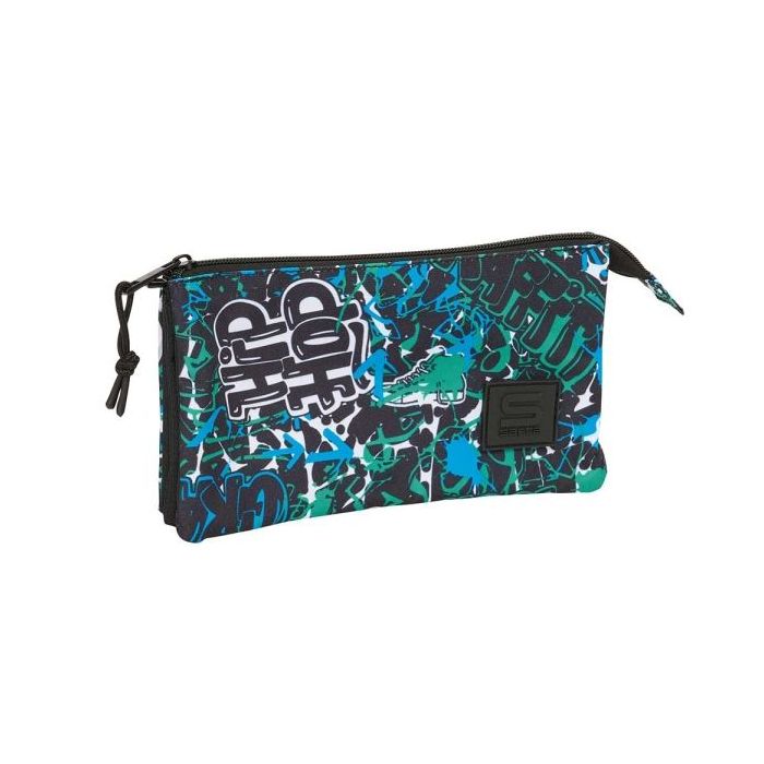 Safta Graffiti Go Portatodo - 3 Compartimentos con Cremalleras - Bolsillo Interior - 0.60L - 220x30x120mm - Color Azul Oscuro