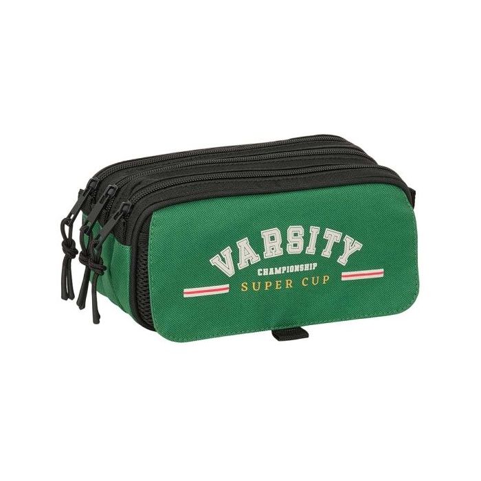 Safta Blackfit8 Varsity Portatodo - 3 Compartimentos con Cremalleras - Bolsillo Frontal - Cinta Adaptable - 1.72L - 215x80x100mm - Color Negro y Verde