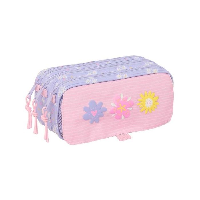 Safta Bouquet Portatodo - 3 Compartimentos con Cremalleras - Bolsillo Frontal - Cinta Adaptable - 1.72L - 215x80x100mm - Color Rosa Pastel