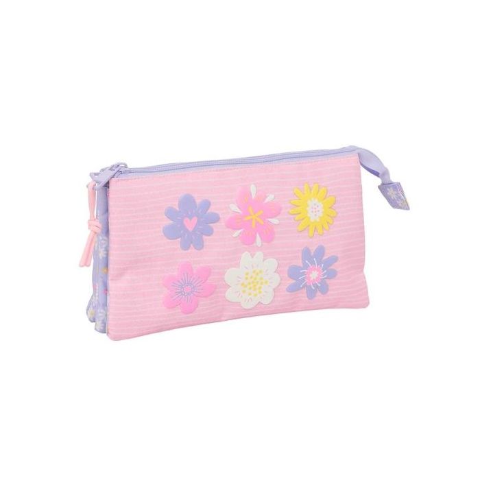 Safta Bouquet Portatodo - 3 Compartimentos con Cremalleras - Bolsillo Interior - 0.6L - 220x30x120mm - Color Rosa Pastel