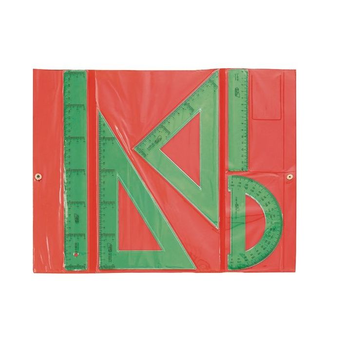 Safta Pack de 5 Reglas - Regla de 30cm - Regla de 15cm - Escuadra de 25cm - Cartabon de 25cm - Semicirculo de 15cm - Cierre de Velcro - Color Verde