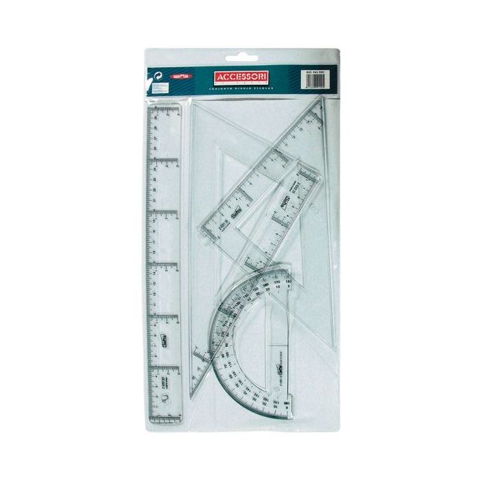 Safta Pack de 4 Reglas - Regla de 30cm - Escuadra de 25cm - Cartabon de 25cm - Semicirculo Transportador de Angulos - Biselado - Color Transparente