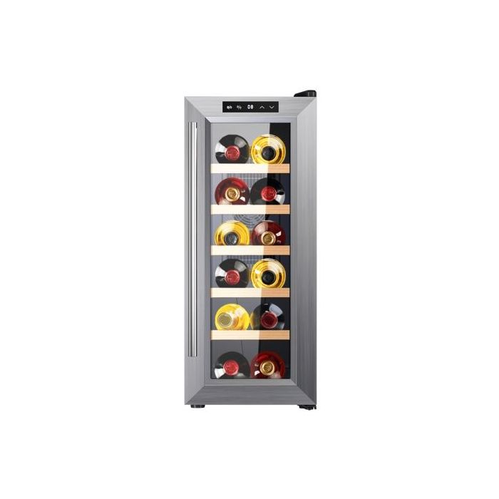 Cecotec Bolero GrandSommelier 1270 CoolWood Vinoteca para 12 Botellas - Silencioso 35dB - Luz LED - Pantalla LED - Temperatura Regulable - Control Tactil - Color Acero