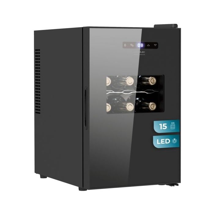 Cecotec Bolero GrandSommelier 1550 CoolCrystal Vinoteca para 15 Botellas - Silencioso 35dB - Luz LED - Pantalla LED - Temperatura Regulable - Control Tactil - Color Negro