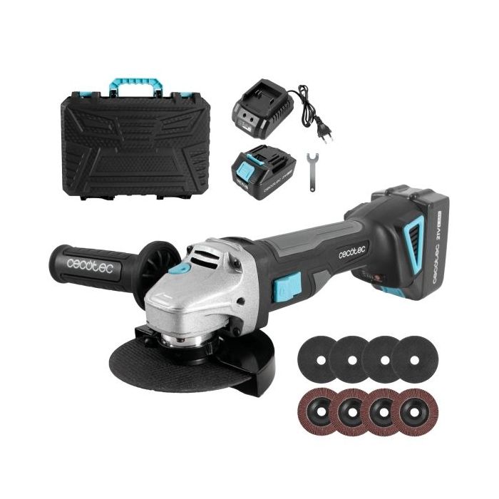 Cecotec RadialPower 2120 Freemove Radial Inalambrica de 125mm - 900W - 12.000rpm - Bateria 21V 4Ah - Incluye Accesorios - Motor sin Escobillas - Maletin - Mango Auxiliar - Rosca M14 - Color Gris Oscuro