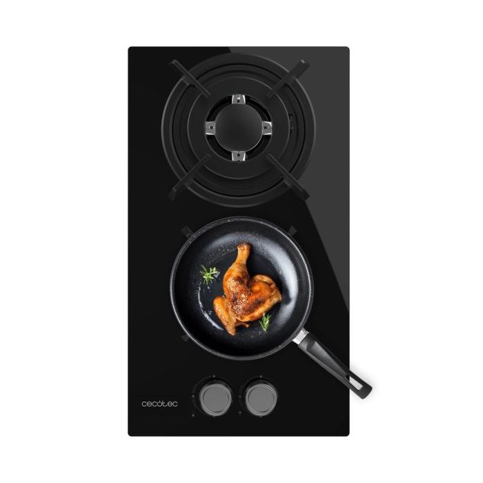 Cecotec Bolero Squad G 2200S Glass Black Cocina de Gas Encastrable - 2 Quemadores - Acabado en Cristal Negro - 5.25kW - Parrillas de Hierro Fundido - Inyector Convertor a Glp - Color Negro