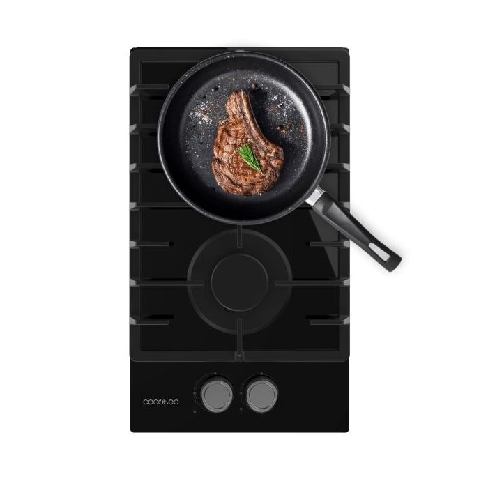Cecotec Bolero Squad G 2200F Glass Black Cocina de Gas Encastrable - 2 Quemadores - Acabado en Cristal Negro - 5.25kW - Parrillas de Hierro Fundido - Inyector Convertor a Glp - Color Negro