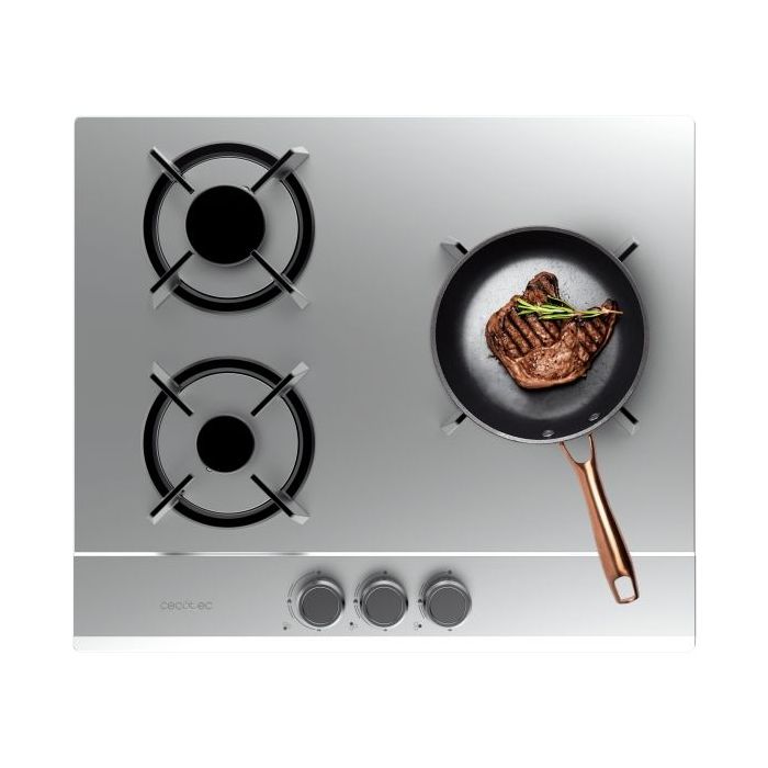 Cecotec Bolero Squad G 3200S Inox Cocina de Gas Encastrable - 3 Quemadores - Acero Inoxidable - 6.25kW - Parrillas de Hierro Fundido - Inyector Convertor a Glp - Color Acero