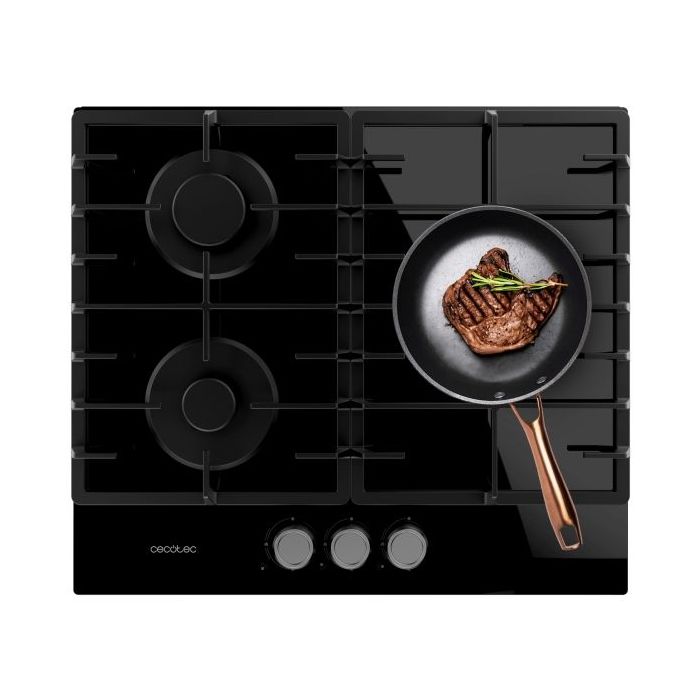 Cecotec Bolero Squad G 3200F Glass Black Cocina de Gas Encastrable - 3 Quemadores - Acabado en Cristal Negro - 6.25kW - Parrillas de Hierro Fundido - Inyector Convertor a Glp - Color Negro