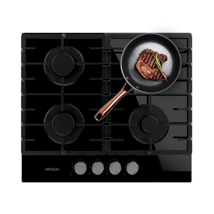 Cecotec Bolero Squad G 4200F Glass Black Cocina de Gas Encastrable - 4 Quemadores - Acabado en Cristal Negro - 8kW - Parrillas de Hierro Fundido - Inyector Convertor a Glp - Color Negro