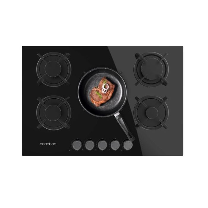 Cecotec Bolero Squad G 5200S Glass Black Cocina de Gas Encastrable - 5 Quemadores - Acabado en Cristal Negro - 11kW - Parrillas de Hierro Fundido - Inyector Convertor a Glp - Color Negro