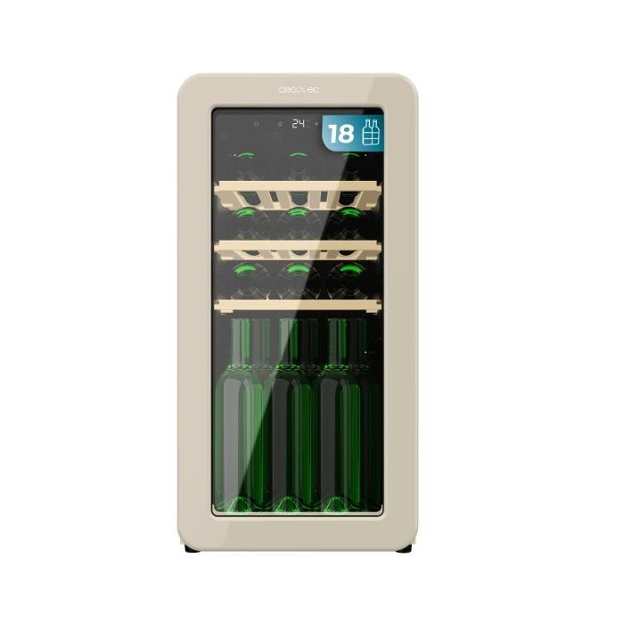 Cecotec Bolero GrandSommelier Origin 18 Hit Beige Vinoteca 18 Botellas - Luz LED - Temperatura Regulable - Estilo Retro - Compresor Integrado - Ventilador Interior - 74.3x36.6x47.6cm - Color Beige