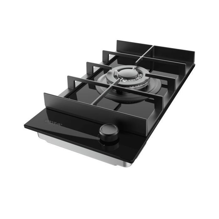 Cecotec Bolero Squad G 1400F Glass Black Cocina de Gas Encastrable - 1 Quemador - Acabado en Cristal Negro - 3.4kW - Parrillas de Hierro Fundido - Wok de Triple Corona - Color Negro