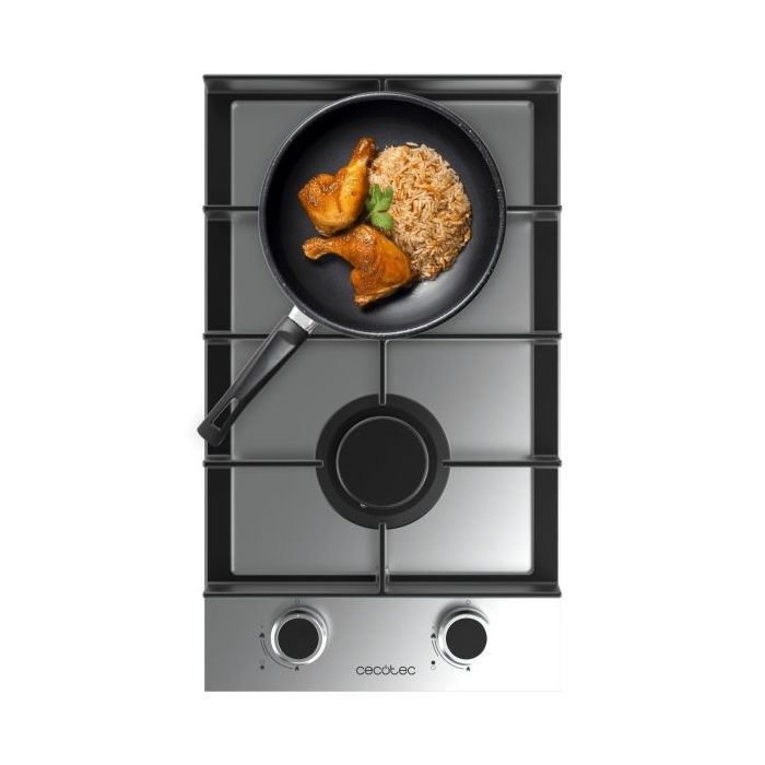 Cecotec Bolero Squad G 2400F Inox Cocina de Gas Encastrable - 2 Quemadores - Acero Inoxidable - 5.2kW - Parrillas de Hierro Fundido - Wok de Triple Corona - Color Acero