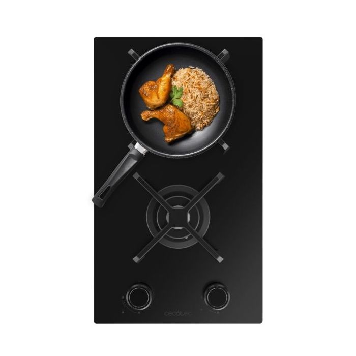 Cecotec Bolero Squad G 2400S Nano Glass Cocina de Gas Encastrable - 2 Quemadores - Acabado en Cristal Negro - 5.2kW - Parrillas de Hierro Fundido - Wok de Triple Corona - Color Negro