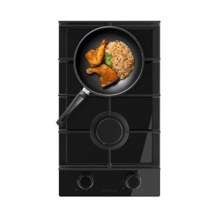 Cecotec Bolero Squad G 2400F Glass Black Cocina de Gas Encastrable - 2 Quemadores - Acabado en Cristal Negro - 5.2kW - Parrillas de Hierro Fundido - Wok de Triple Corona - Color Negro