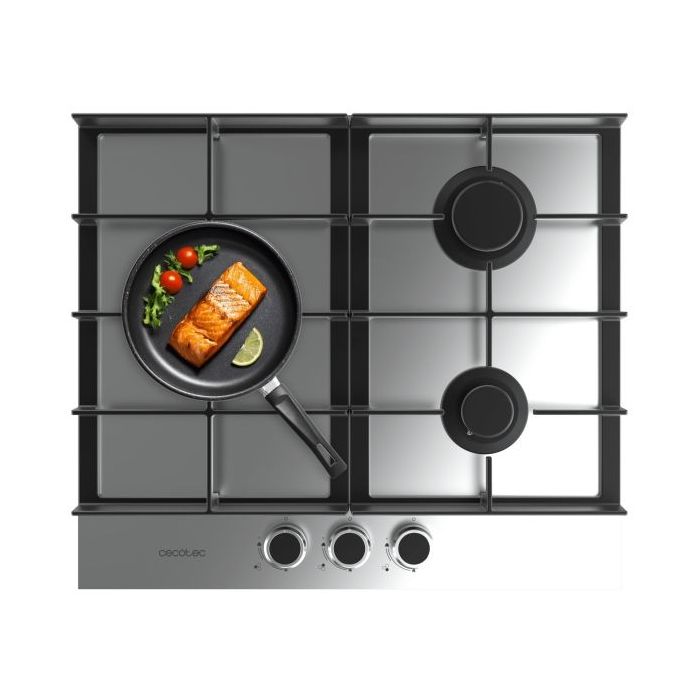 Cecotec Bolero Squad G 3400F Inox Cocina de Gas Encastrable - 3 Quemadores - Acero Inoxidable - 6.2kW - Parrillas de Hierro Fundido - Wok de Triple Corona - Color Acero