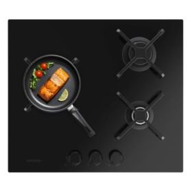 Cecotec Bolero Squad G 3400S Nano Glass Cocina de Gas Encastrable - 3 Quemadores - Acabado en Cristal Negro - 6.2kW - Parrillas de Hierro Fundido - Wok de Triple Corona - Color Negro