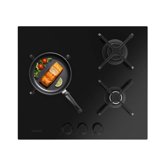 Cecotec Bolero Squad G 3400S Nano Glass Cocina de Gas Encastrable - 3 Quemadores - Acabado en Cristal Negro - 6.2kW - Parrillas de Hierro Fundido - Wok de Triple Corona - Color Negro