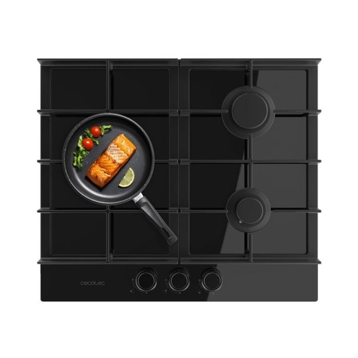 Cecotec Bolero Squad G 3400F Glass Black Cocina de Gas Encastrable - 3 Quemadores - Acabado en Cristal Negro - 6.2kW - Parrillas de Hierro Fundido - Wok de Triple Corona - Color Negro
