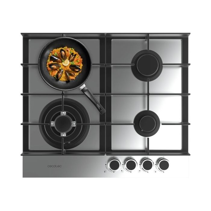 Cecotec Bolero Squad G 4400F Inox Cocina de Gas Encastrable - 4 Quemadores - Acero Inoxidable - 8kW - Parrillas de Hierro Fundido - Wok de Triple Corona - Color Acero