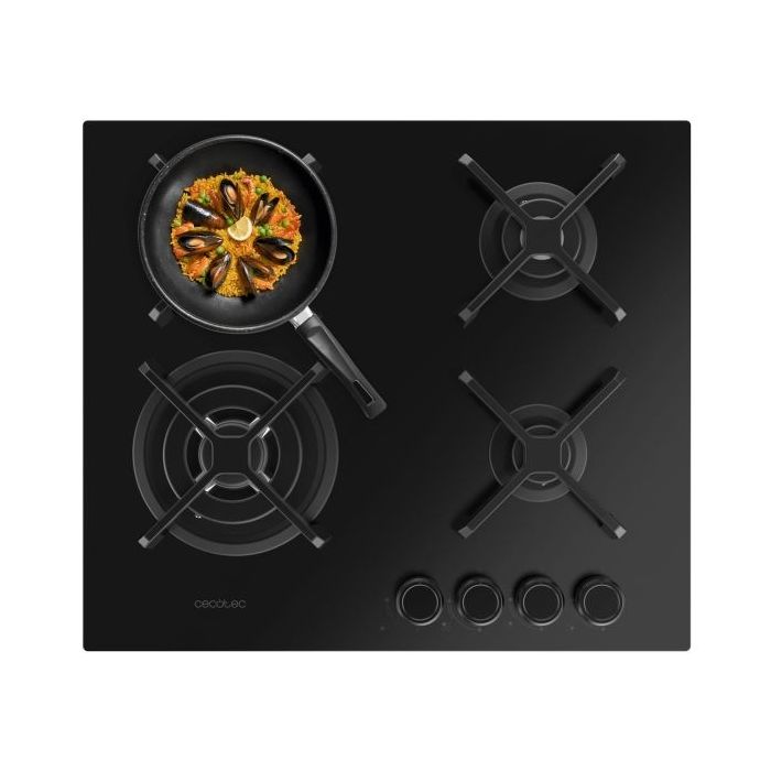 Cecotec Bolero Squad G 4400S Nano Glass Cocina de Gas Encastrable - 4 Quemadores - Acabado en Cristal Negro - 8kW - Parrillas de Hierro Fundido - Wok de Triple Corona - Color Negro