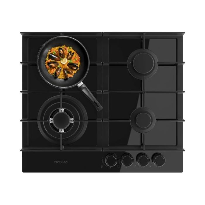 Cecotec Bolero Squad G 4400F Glass Black Cocina de Gas Encastrable - 4 Quemadores - Acabado en Cristal Negro - 8kW - Parrillas de Hierro Fundido - Wok de Triple Corona - Color Negro