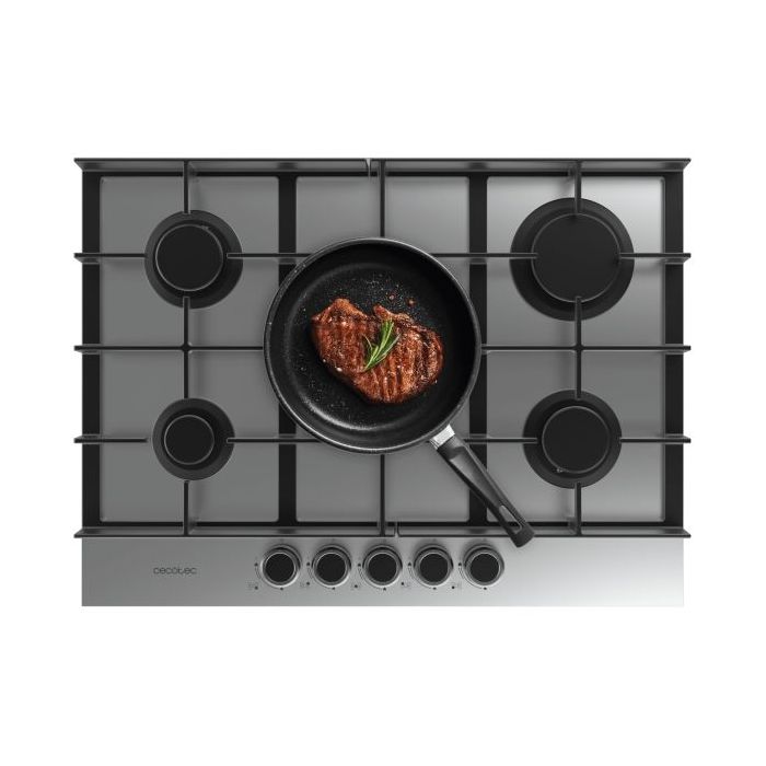 Cecotec Bolero Squad G 5400F Inox Cocina de Gas Encastrable - 5 Quemadores - Acero Inoxidable - 10.4kW - Parrillas de Hierro Fundido - Wok de Triple Corona - Color Acero
