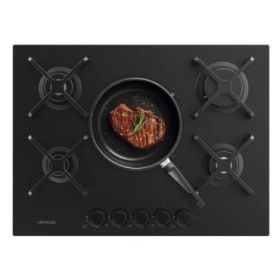Cecotec Bolero Squad G 5400S Nano Glass Cocina de Gas Encastrable - 5 Quemadores - Acabado en Cristal Negro - 10.4kW - Parrillas de Hierro Fundido - Wok de Triple Corona - Color Negro