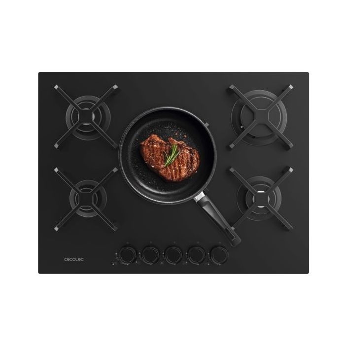 Cecotec Bolero Squad G 5400S Nano Glass Cocina de Gas Encastrable - 5 Quemadores - Acabado en Cristal Negro - 10.4kW - Parrillas de Hierro Fundido - Wok de Triple Corona - Color Negro