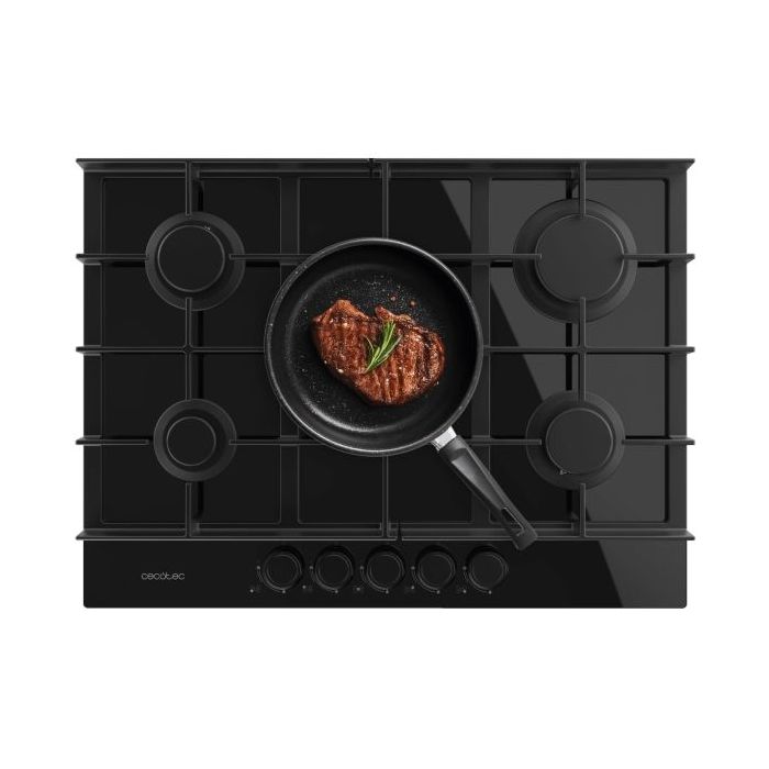 Cecotec Bolero Squad G 5400F Glass Black Cocina de Gas Encastrable - 5 Quemadores - Acabado en Cristal Negro - 10.4kW - Parrillas de Hierro Fundido - Wok de Triple Corona - Color Negro